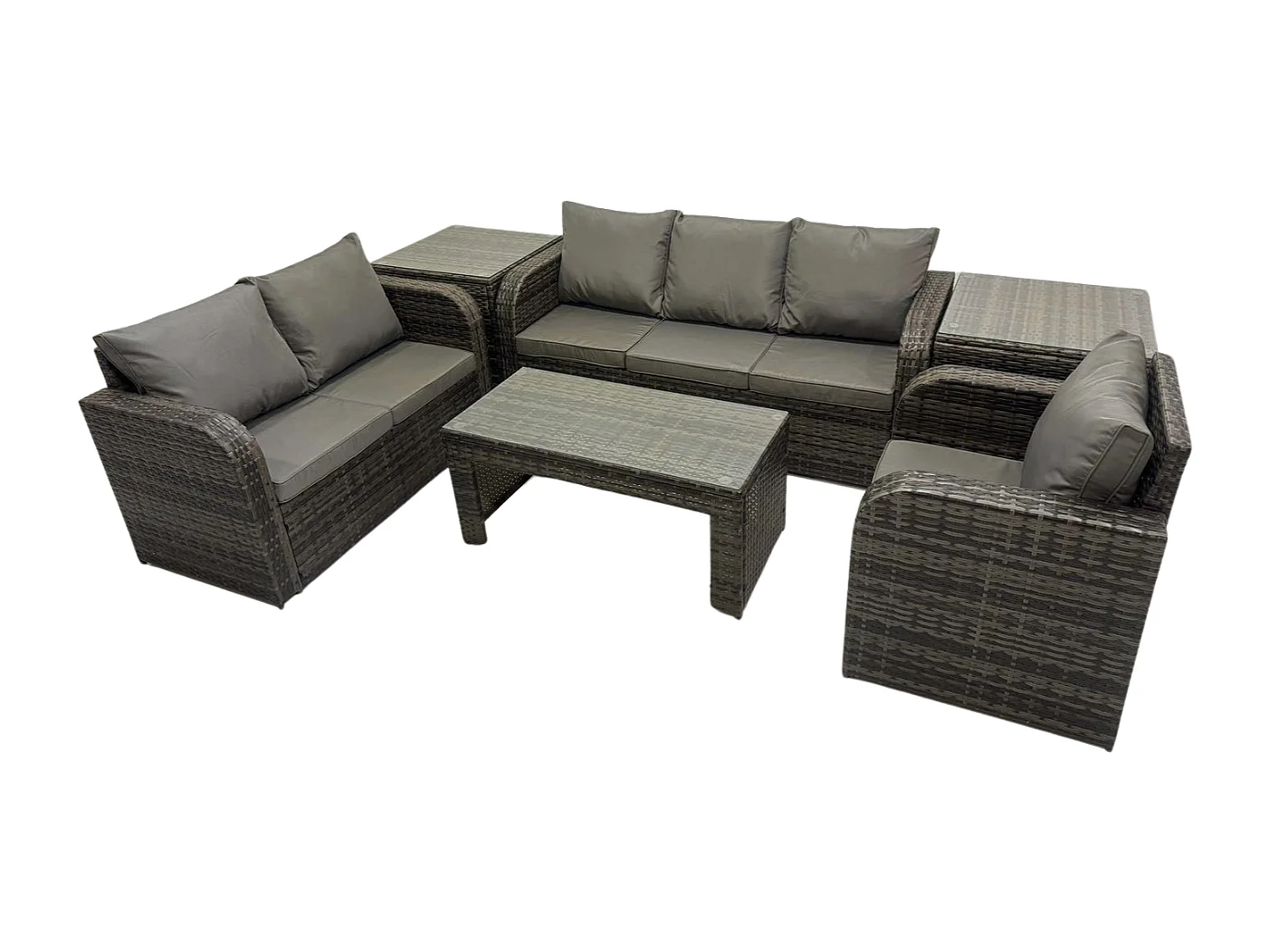 6-Sitzer Hoher Rücken Polyrattan Gartenmöbel Set mit Loveseat Sofa Rechteckiger Couchtisch 2 Beistelltischen Garten Lounge Set Dunkelgrau Gemischt
