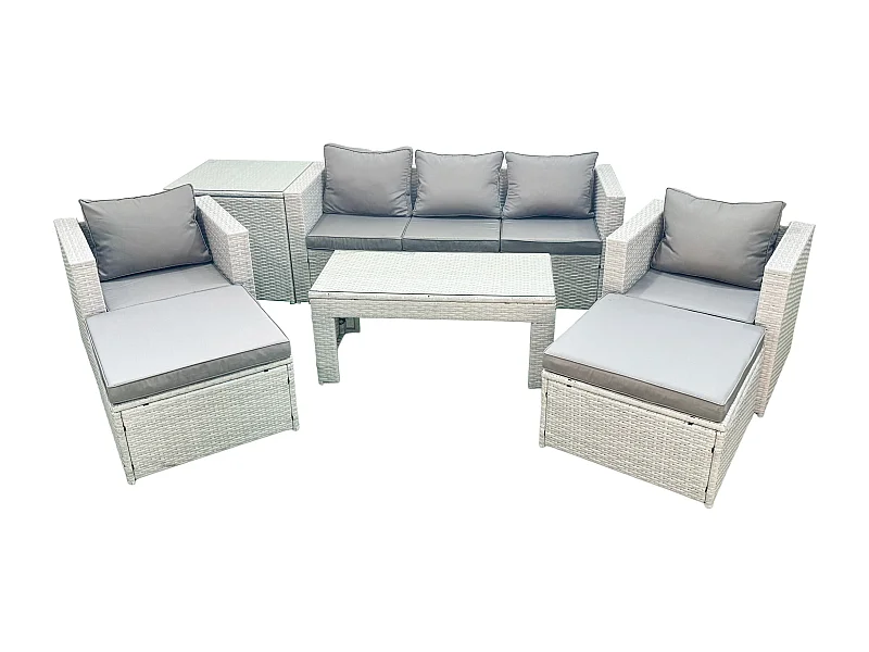 Polyrattan Gartenmöbel Set 7-Sitzer Outdoor Garten Sofa 2 Sesseln Rechteckiger Couchtisch Set mit 2 Hockern Beistelltisch Hellgrau gemischt