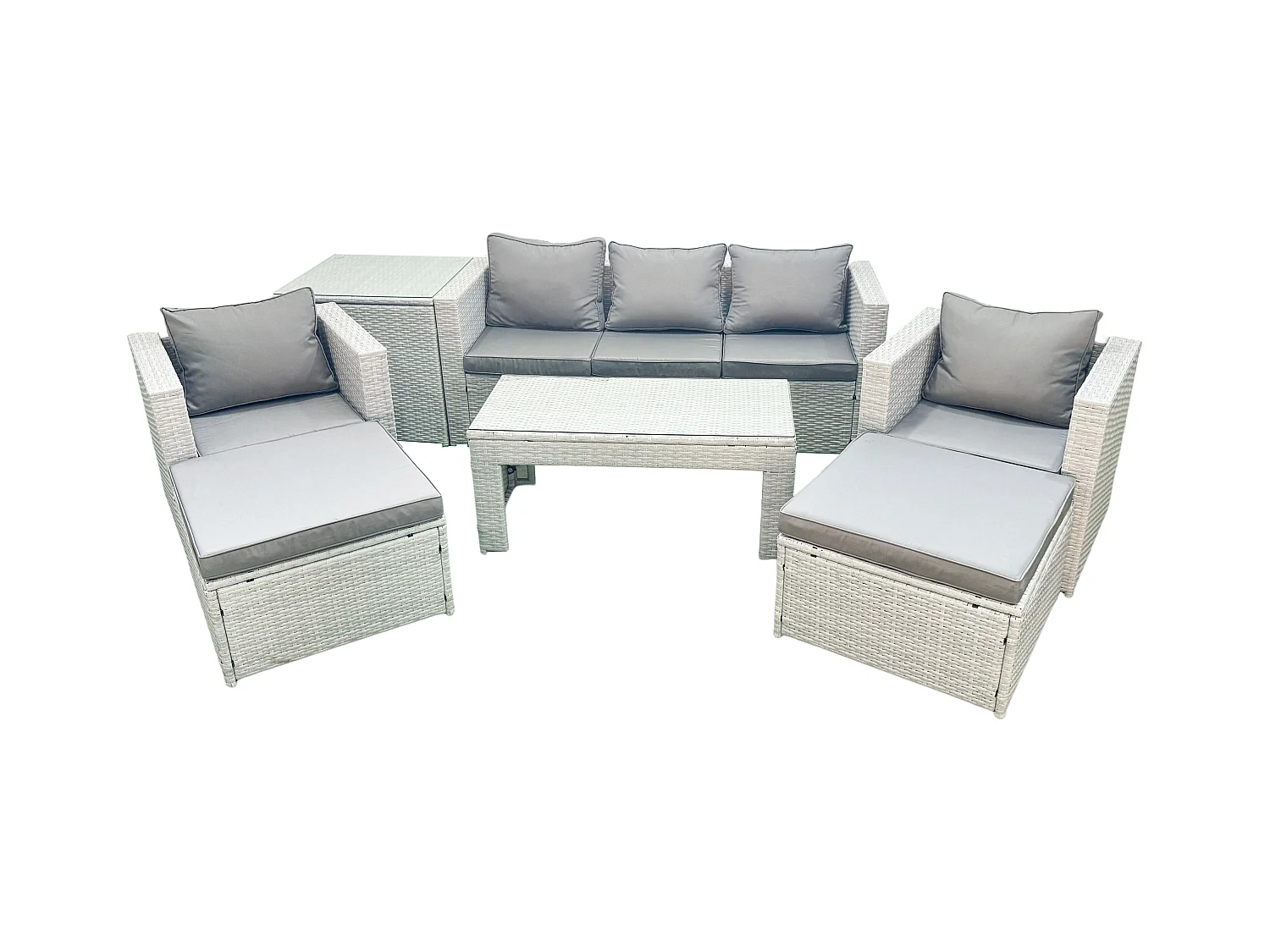 Polyrattan Gartenmöbel Set 7-Sitzer Outdoor Garten Sofa 2 Sesseln Rechteckiger Couchtisch Set mit 2 Hockern Beistelltisch Hellgrau gemischt