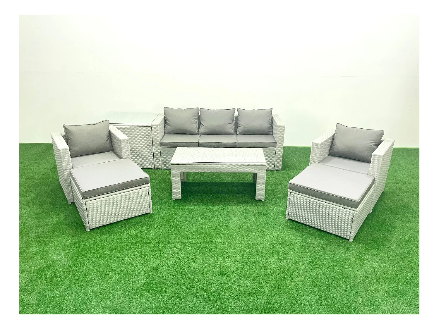 Polyrattan Gartenmöbel Set 7-Sitzer Outdoor Garten Sofa 2 Sesseln Rechteckiger Couchtisch Set mit 2 Hockern Beistelltisch Hellgrau gemischt
