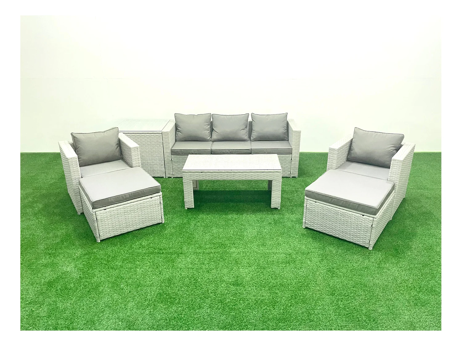 Polyrattan Gartenmöbel Set 7-Sitzer Outdoor Garten Sofa 2 Sesseln Rechteckiger Couchtisch Set mit 2 Hockern Beistelltisch Hellgrau gemischt