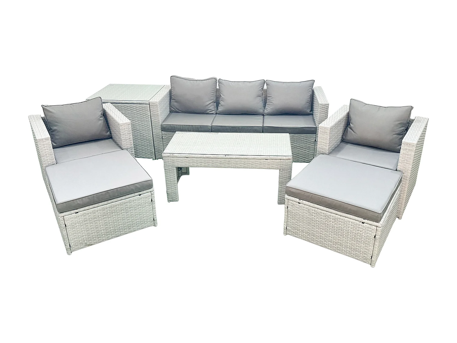 Polyrattan Gartenmöbel Set 7-Sitzer Outdoor Garten Sofa 2 Sesseln Rechteckiger Couchtisch Set mit 2 Hockern Beistelltisch Hellgrau gemischt