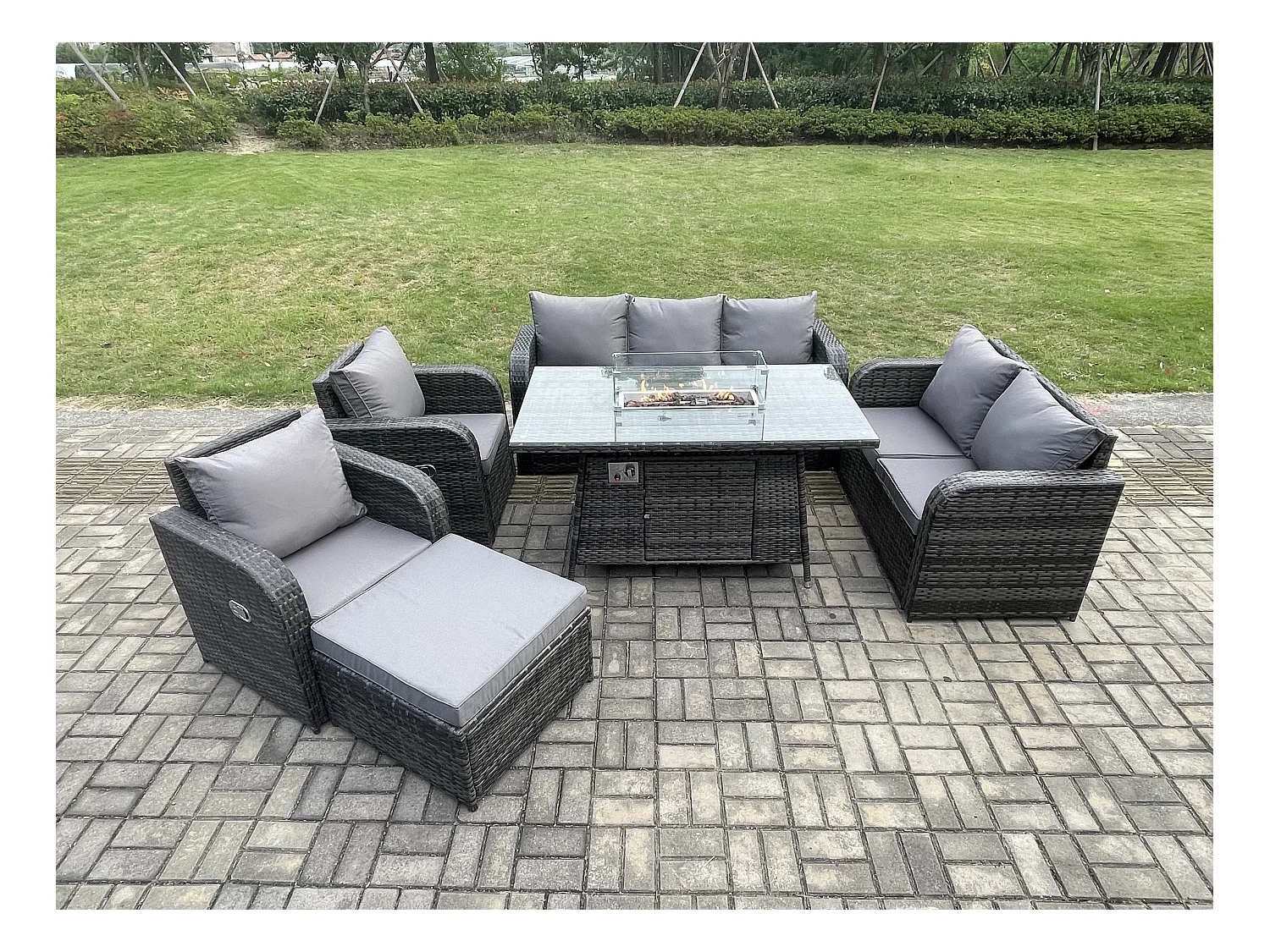 Salon de jardin exterieur Table de foyer à gaz et Canapé Fauteuil avec Grand tabouret