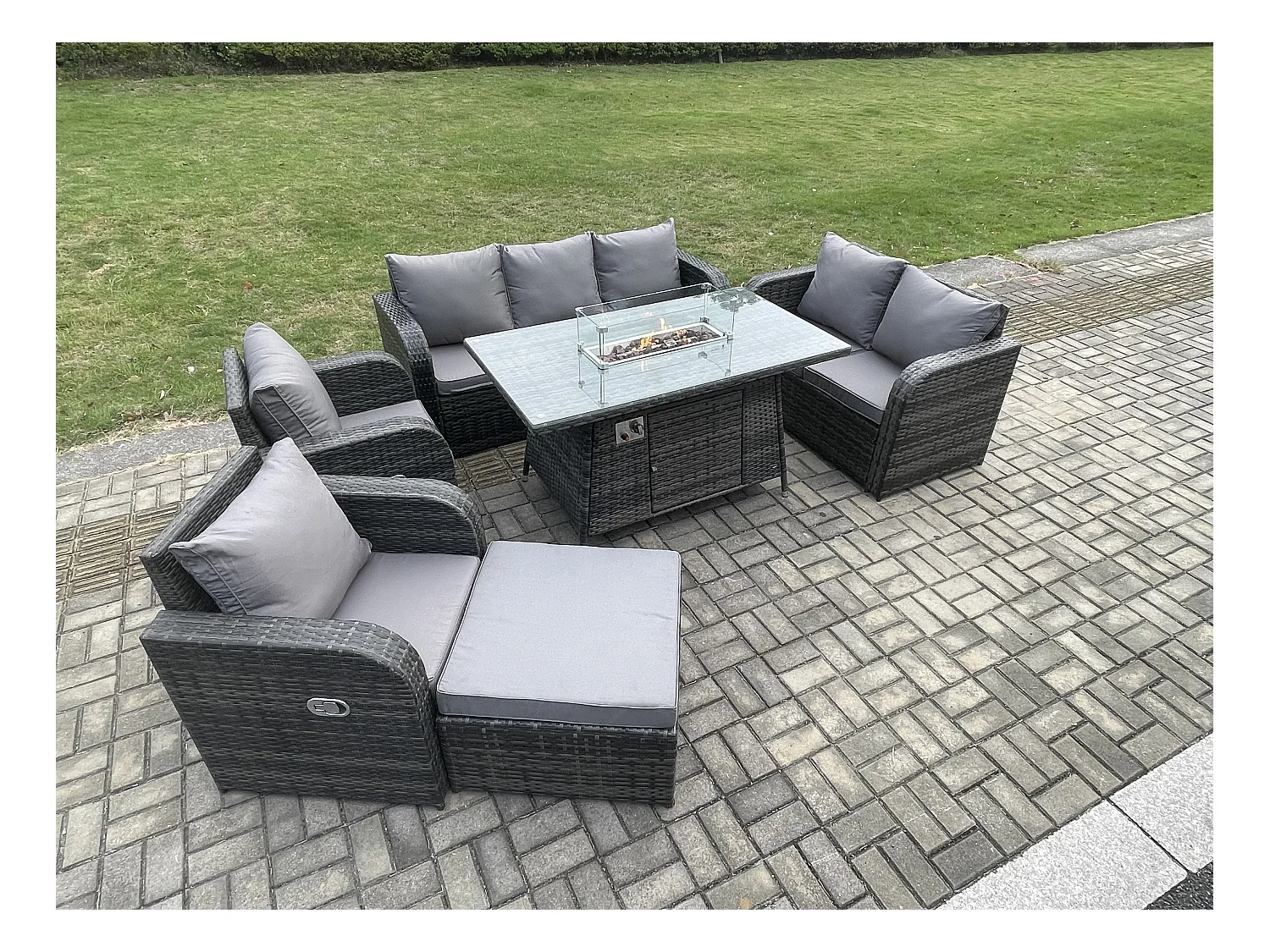 Salon de jardin exterieur Table de foyer à gaz et Canapé Fauteuil avec Grand tabouret