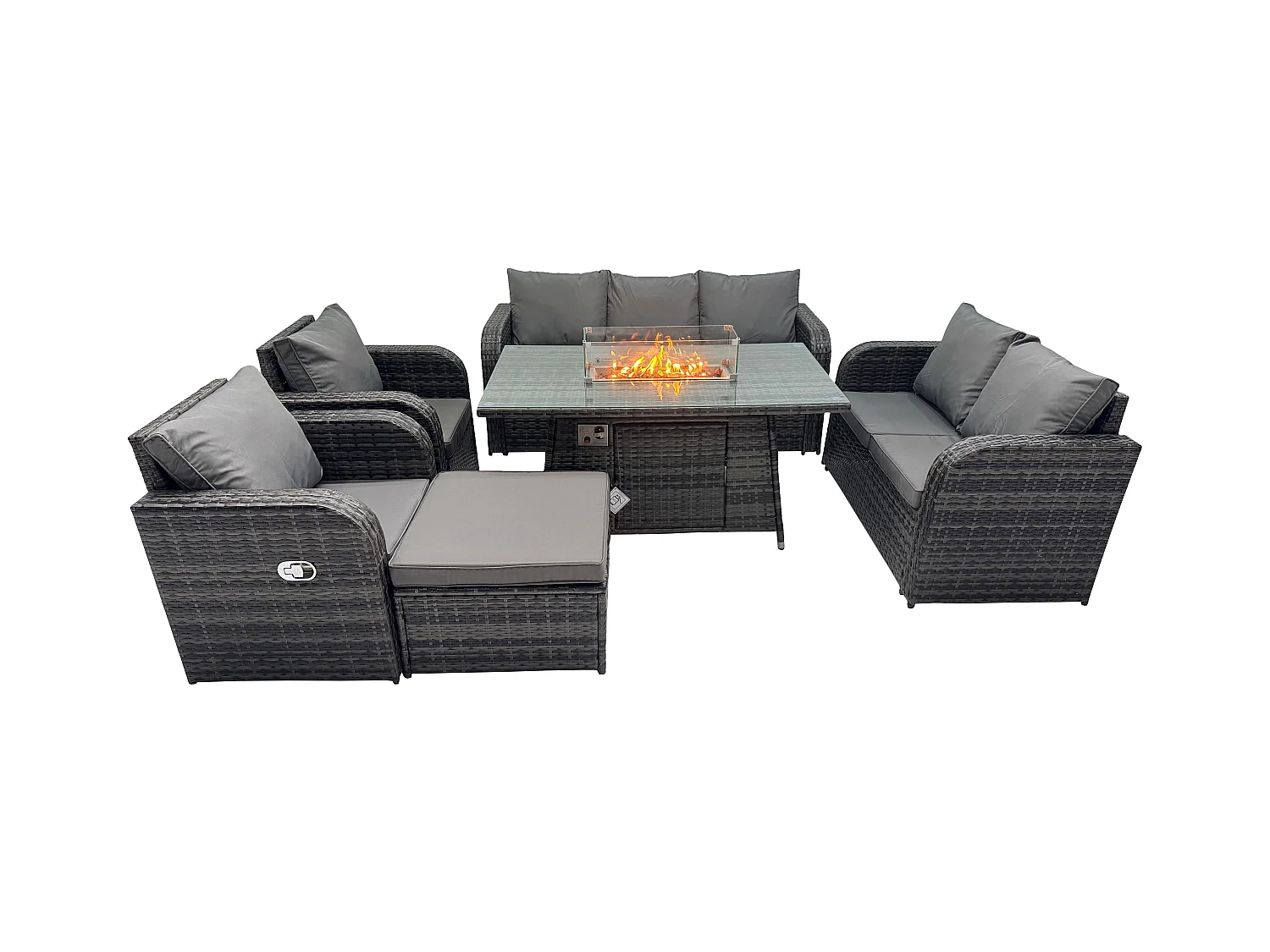Polyrattan Gartenmöbelset Gasfeuerstelle Esstisch und Sofa Sessel set mit 2 Großer Hockern