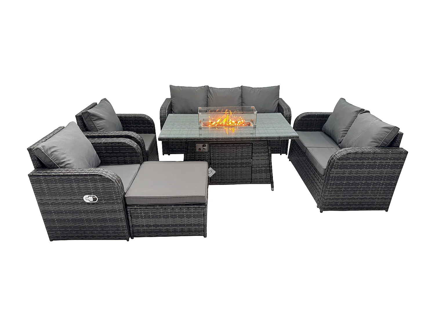 Polyrattan Gartenmöbelset Gasfeuerstelle Esstisch und Sofa Sessel set mit 2 Großer Hockern