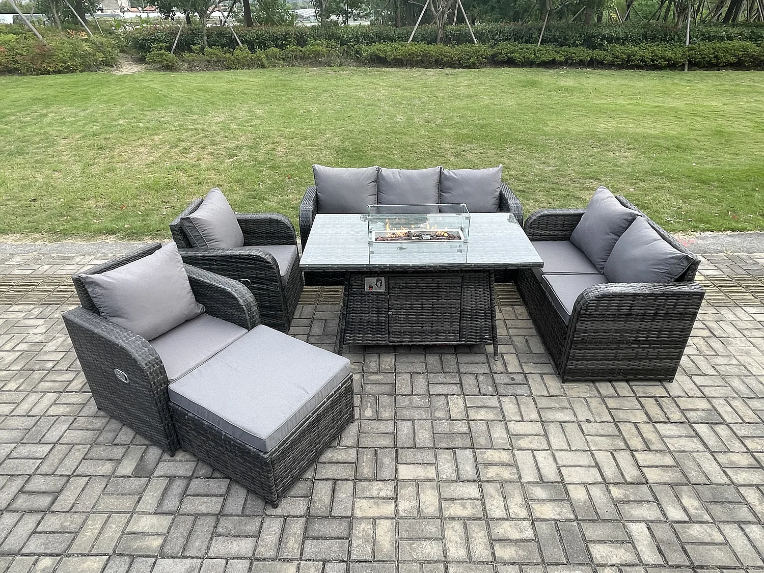 Polyrattan Gartenmöbelset Gasfeuerstelle Esstisch und Sofa Sessel set mit 2 Großer Hockern