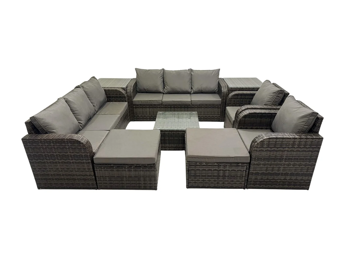 Dossier haut Salon de jardin avec Table basse carrée 2 Grand tabourets 2 Tables d'appoint Ensemble de canapés en rotin Gris foncé mixte