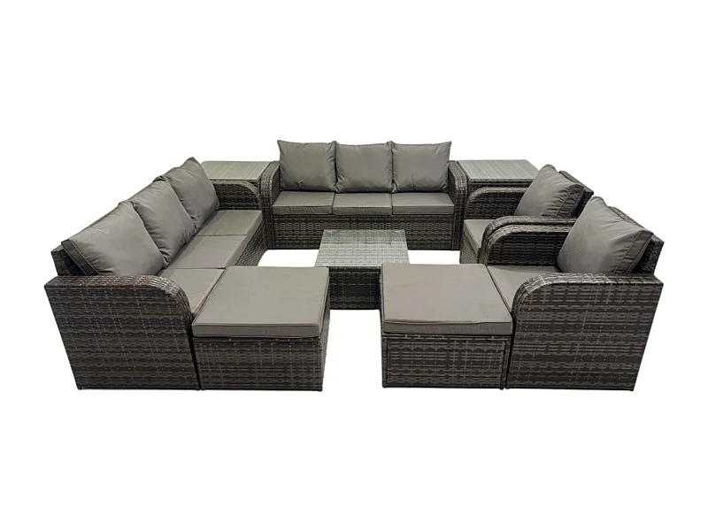 Dossier haut Salon de jardin avec Table basse carrée 2 Grand tabourets 2 Tables d'appoint Ensemble de canapés en rotin Gris foncé mixte