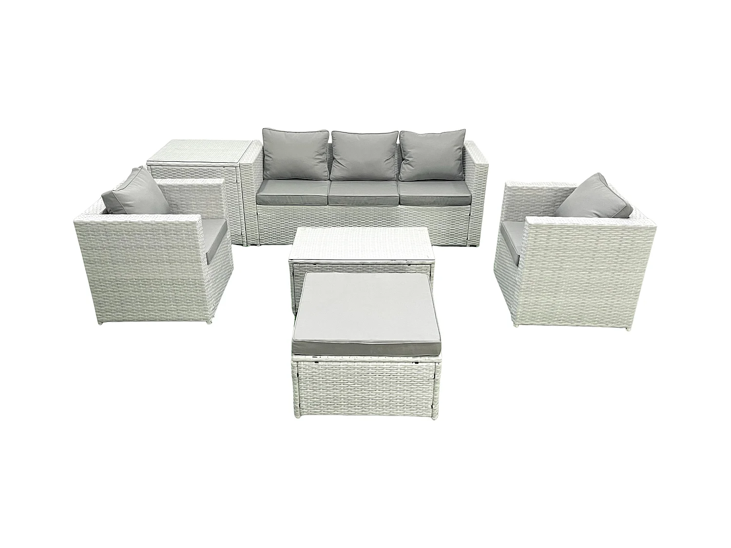 Salon de jardin avec Canapé 3 places 2 Chaise Table basse rectangulaire Grand tabouret Table d'appoint Gris clair mixte 6 places