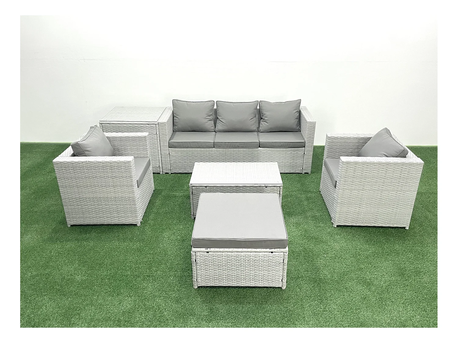 Salon de jardin avec Canapé 3 places 2 Chaise Table basse rectangulaire Grand tabouret Table d'appoint Gris clair mixte 6 places