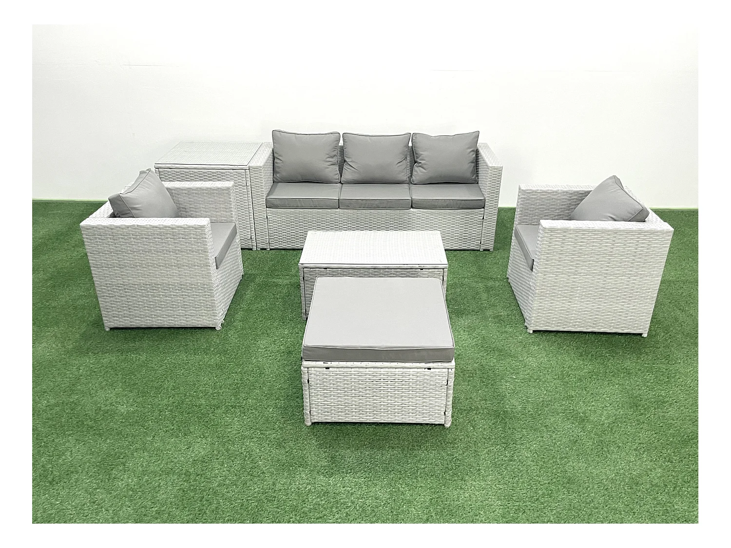 Salon de jardin avec Canapé 3 places 2 Chaise Table basse rectangulaire Grand tabouret Table d'appoint Gris clair mixte 6 places