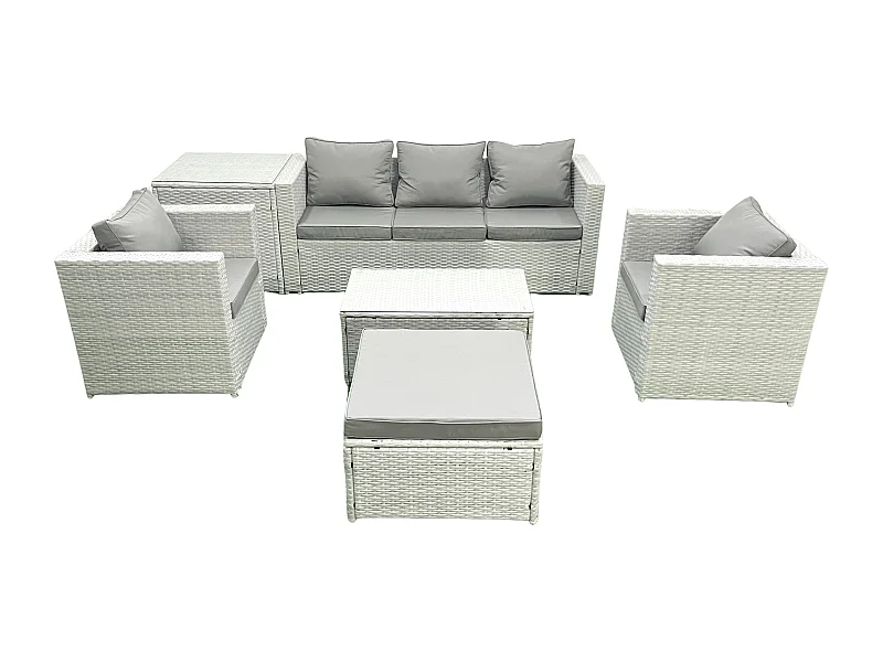 Salon de jardin avec Canapé 3 places 2 Chaise Table basse rectangulaire Grand tabouret Table d'appoint Gris clair mixte 6 places