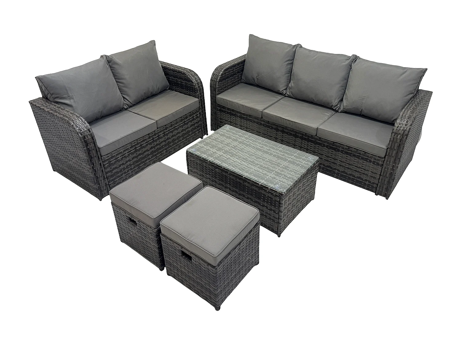 7-Sitzer Hoher Rücken Rattan Gartenmöbel Sets mit Rechteckiger Couchtisch 3-Sitzer Sofa Love Sofa 2 kleine Fußhockern