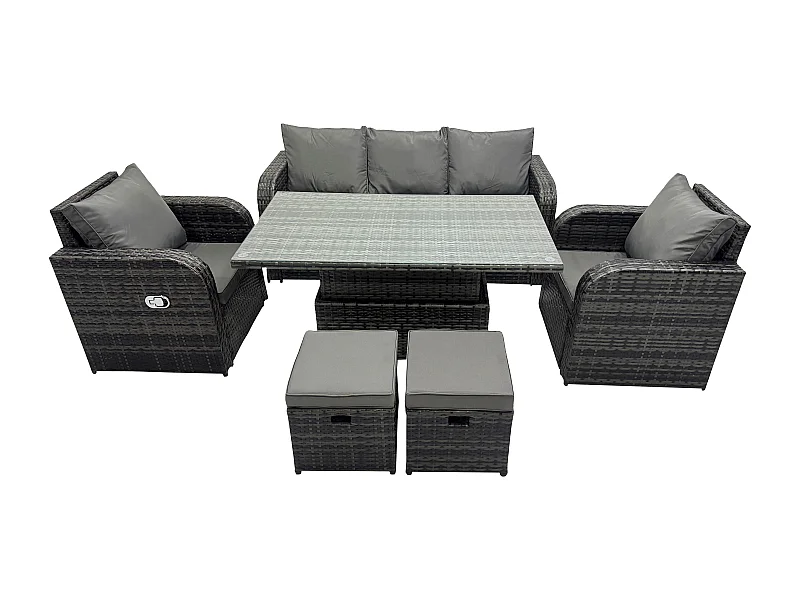 Polyrattan Sitzgruppe Essgruppe Set höhenverstellbarer Tisch und Sessel Set mit Sofa 2 kleine Fußhockern
