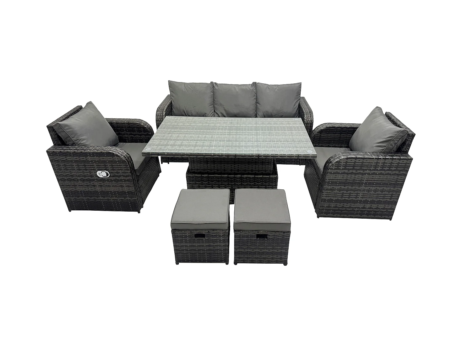 Polyrattan Sitzgruppe Essgruppe Set höhenverstellbarer Tisch und Sessel Set mit Sofa 2 kleine Fußhockern