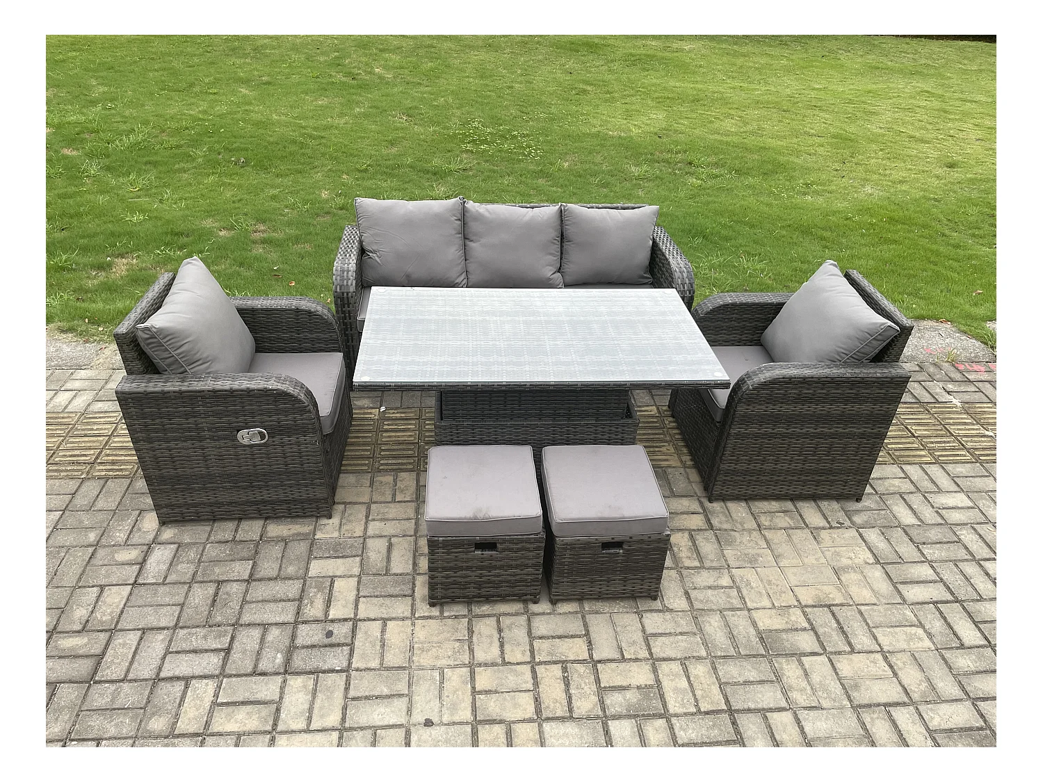 Polyrattan Sitzgruppe Essgruppe Set höhenverstellbarer Tisch und Sessel Set mit Sofa 2 kleine Fußhockern