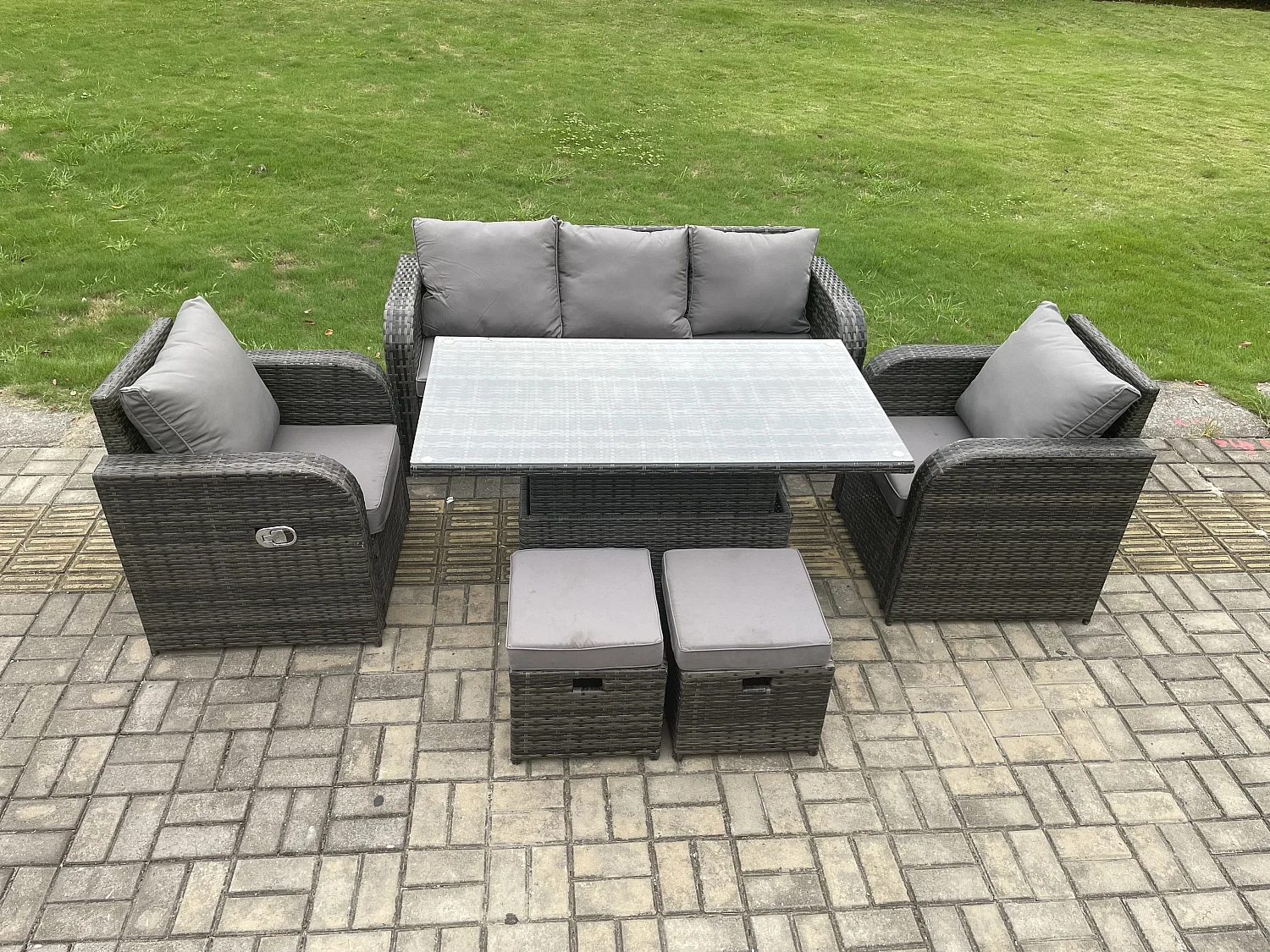 Salon de Jardin en Résine Ensemble Repas de Jardin Exterieurs Table à manger réglable en hauteur et Fauteuil avec Canapé Lounge 2 Petits tabourets