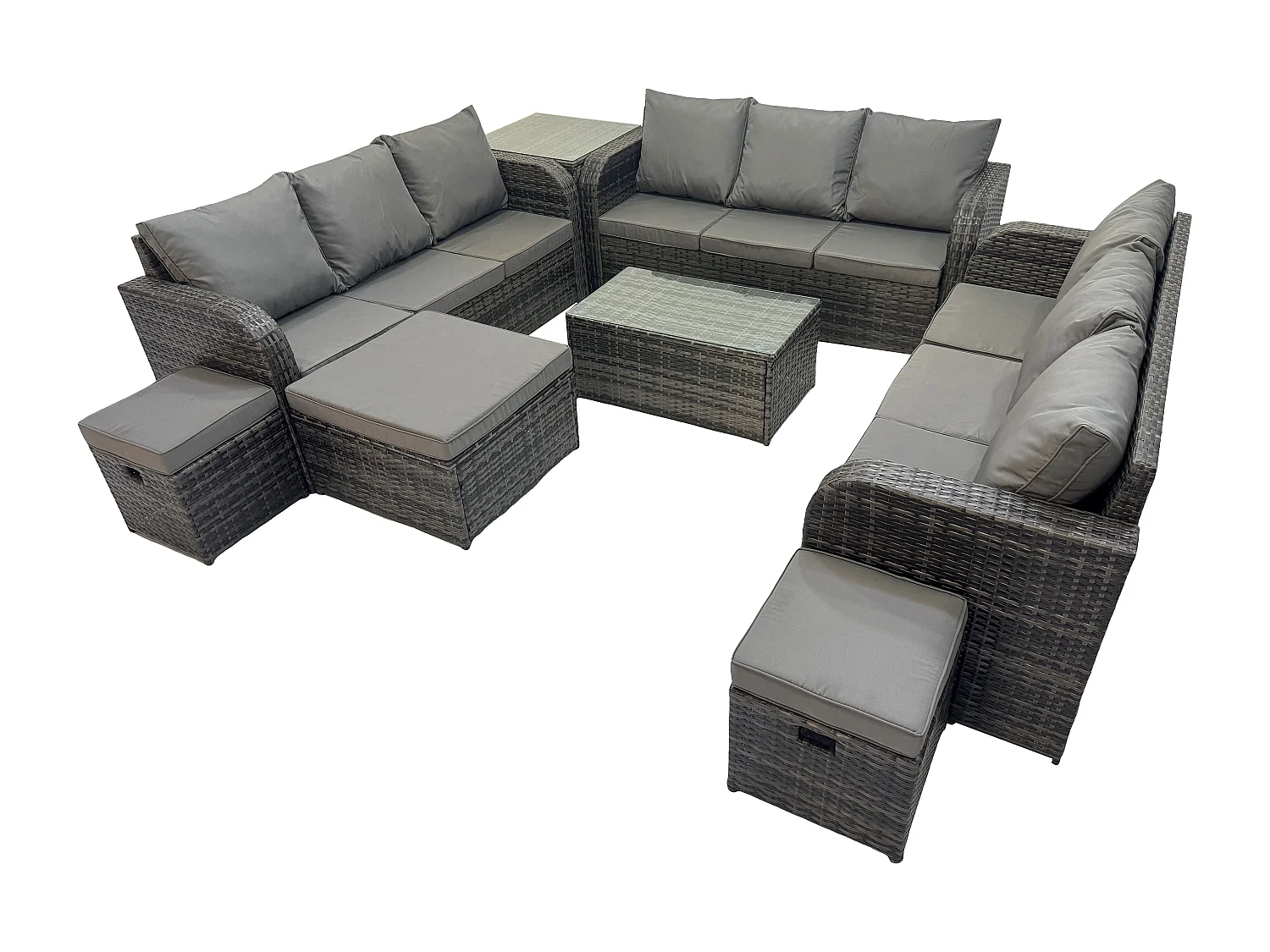 Rattan Lounge Sofa Set 12-Sitzer Gartenmöbel-Set mit Rechteckiger Couchtisch 3-Sitzer Sofa Beistelltisch 3 Hockern Dunkelgrau Gemischt