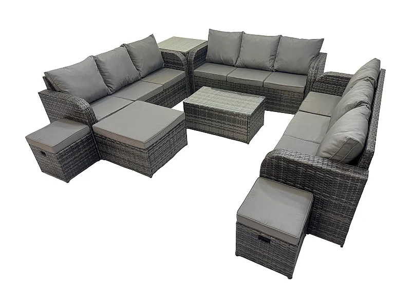 Rattan Lounge Sofa Set 12-Sitzer Gartenmöbel-Set mit Rechteckiger Couchtisch 3-Sitzer Sofa Beistelltisch 3 Hockern Dunkelgrau Gemischt