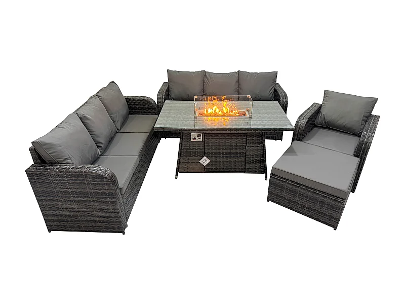 Ensemble Repas de Jardin Exterieur Table de foyer à gaz Chaise inclinable Canapé 3 places et avec Grand tabouret 8 places