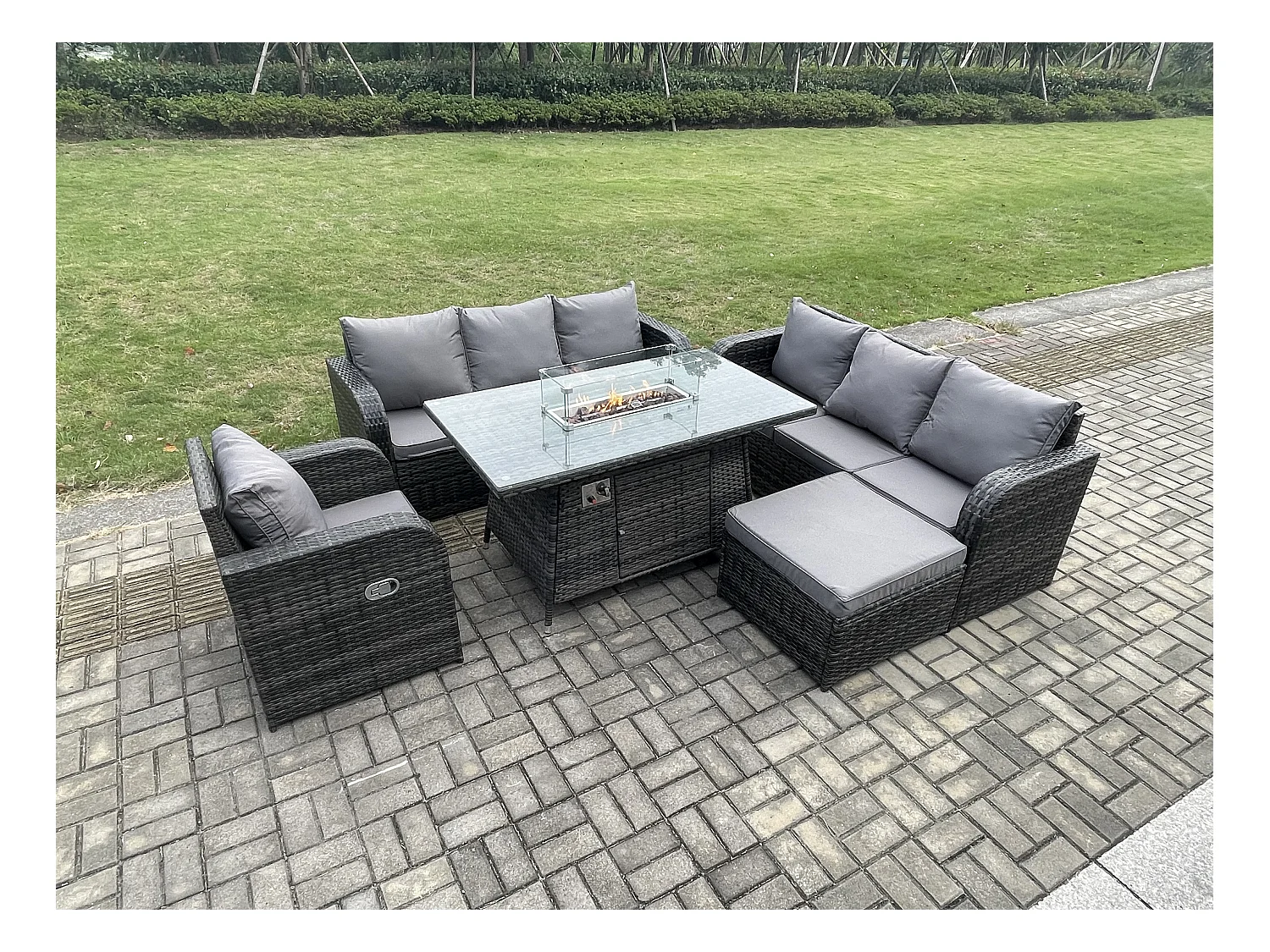 Ensemble Repas de Jardin Exterieur Table de foyer à gaz Chaise inclinable Canapé 3 places et avec Grand tabouret 8 places