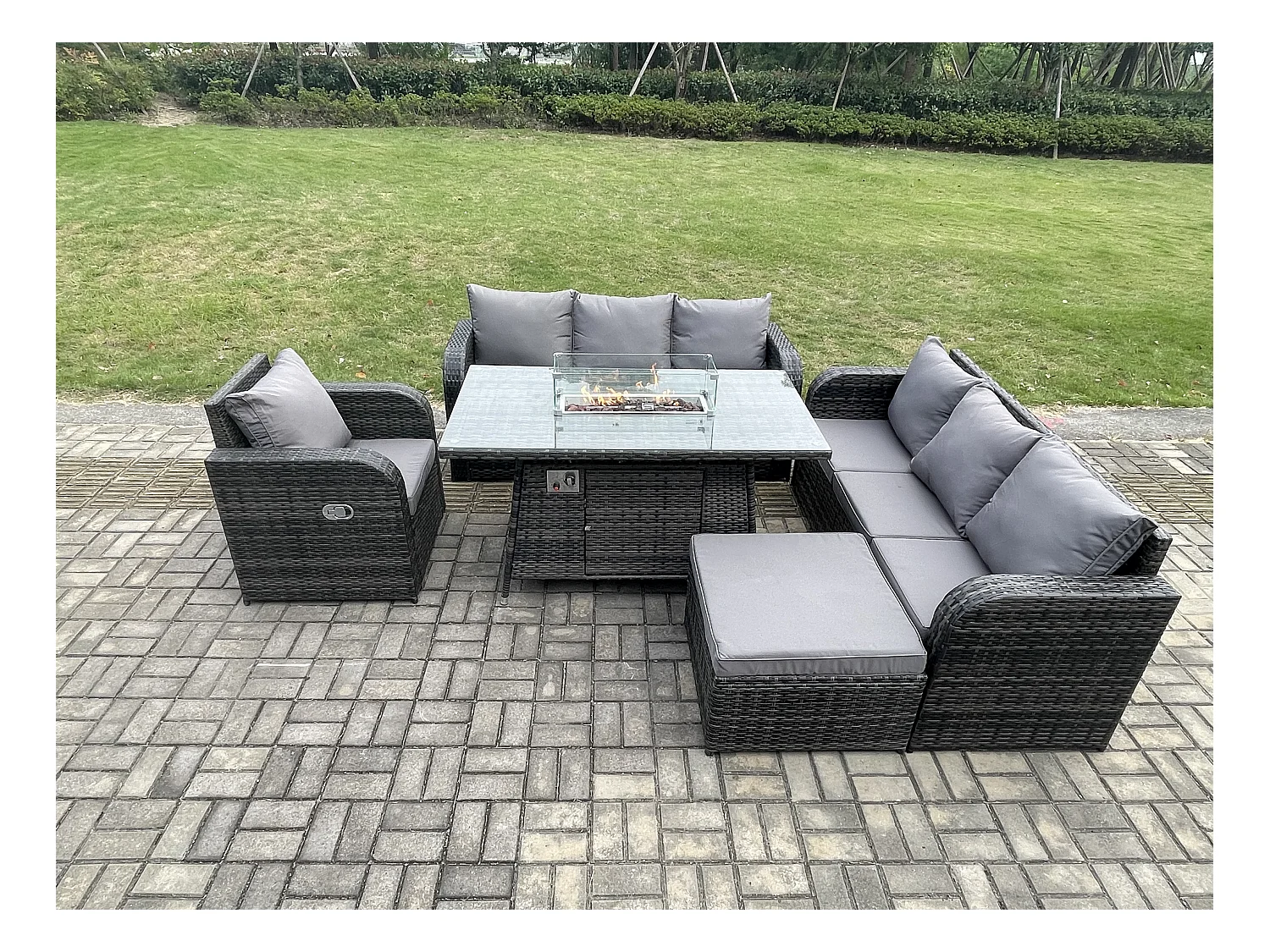 Ensemble Repas de Jardin Exterieur Table de foyer à gaz Chaise inclinable Canapé 3 places et avec Grand tabouret 8 places