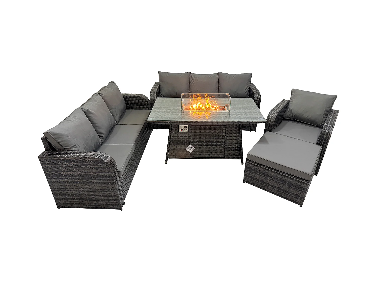 Rattan Gartenmöbel Set im Balkon Gas Feuerstelle Tisch Liegestühle 3-Sitzer Sofa Sets mit 2 Großer Hockern 8-Sitzer