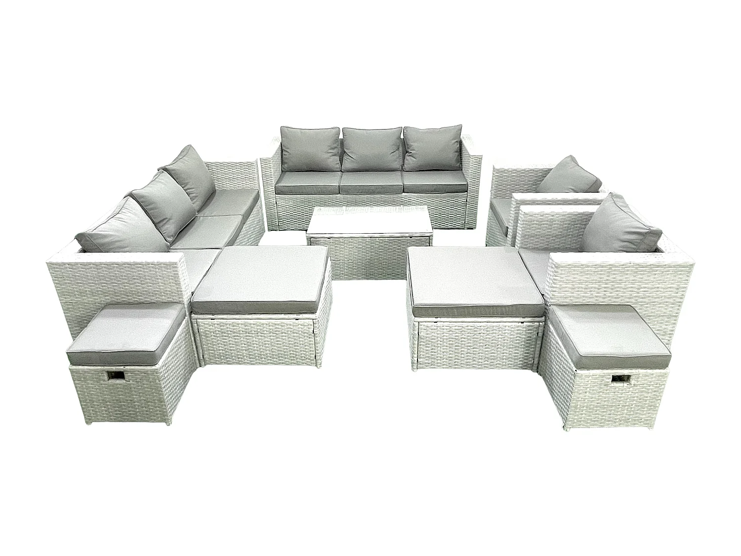 9 Pièces Salon de jardin Canapé de jardin avec Fauteuil Table basse 4 Tabourets Gris clair mixte