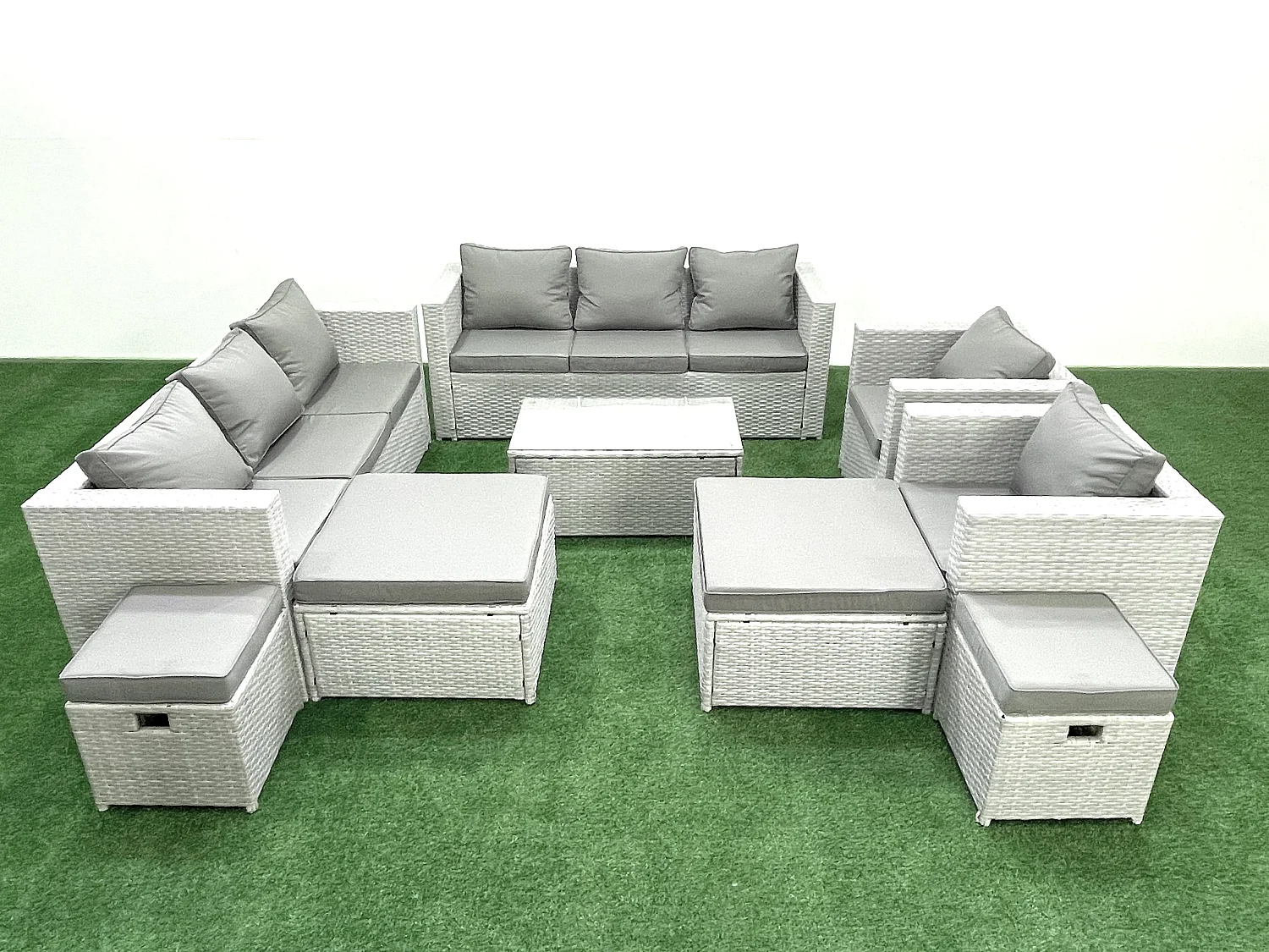 9 Pièces Salon de jardin Canapé de jardin avec Fauteuil Table basse 4 Tabourets Gris clair mixte