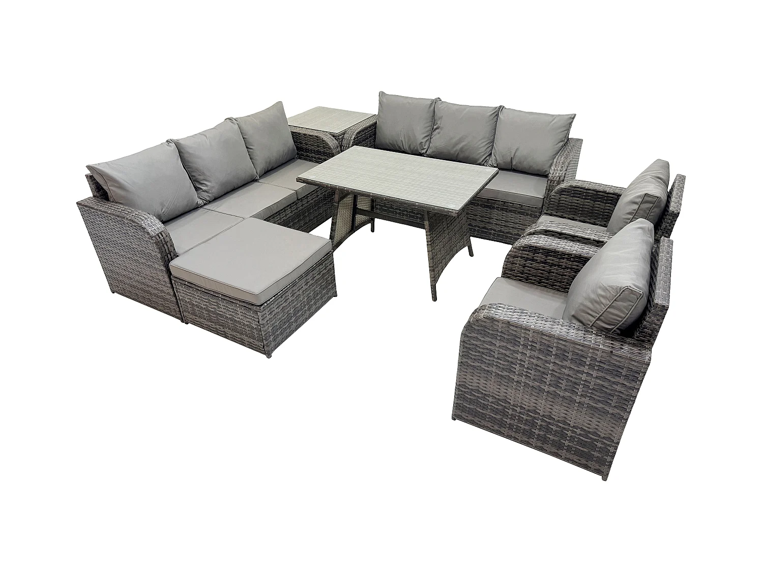 9 places Ensemble de canapés en rotin Table & Fauteuil avec Canapé 3 places Table à manger rectangulaire Grand tabouret Table d'appoint Gris foncé mixte