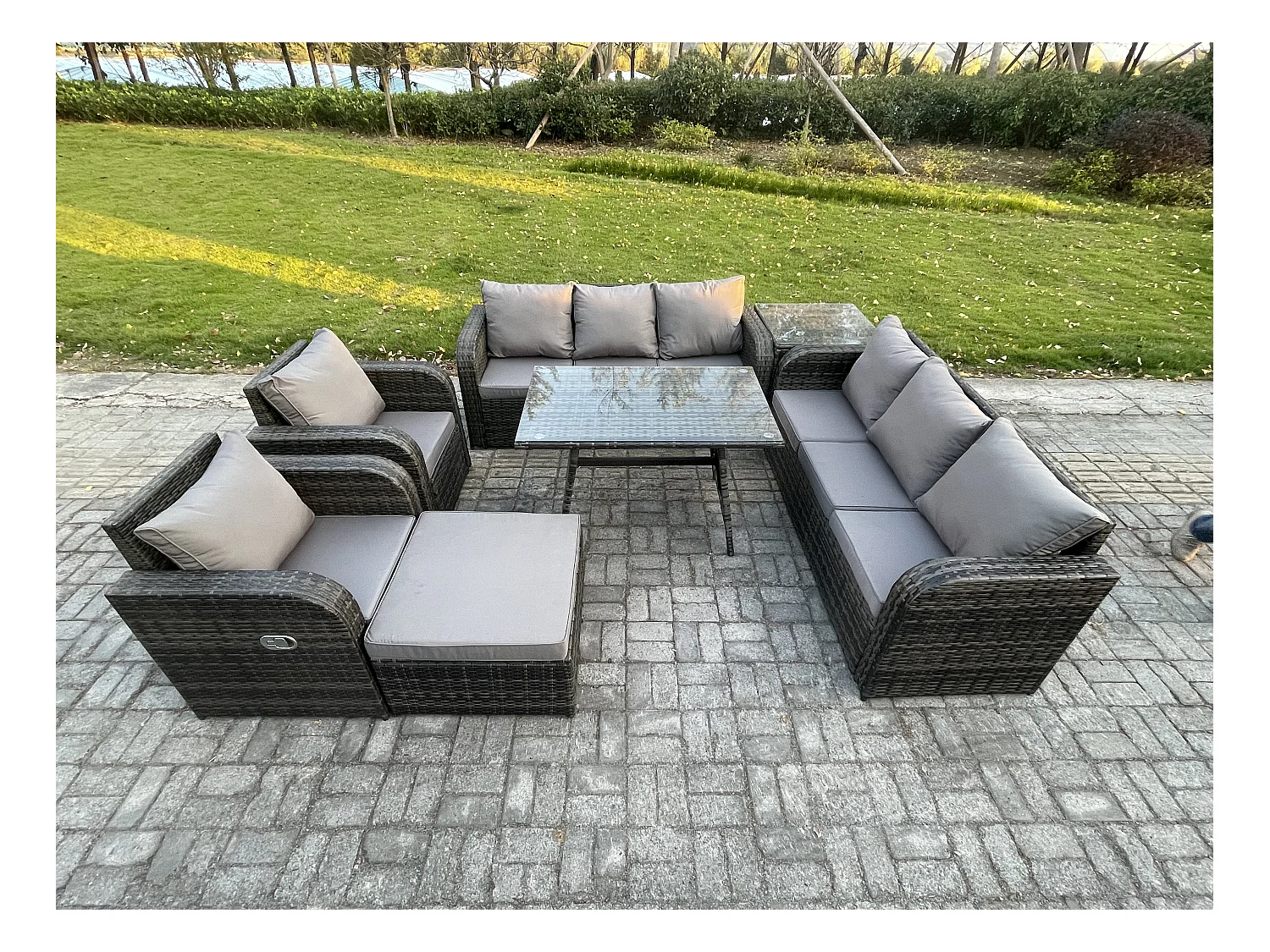 9 places Ensemble de canapés en rotin Table & Fauteuil avec Canapé 3 places Table à manger rectangulaire Grand tabouret Table d'appoint Gris foncé mixte