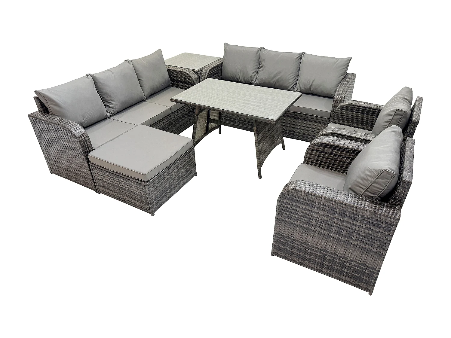 9-Sitzer Rattan Gartenmöbel Sofa Set Tisch & Stühle Set mit 3-Sitzer Sofa Rechteckiger Esstisch 2 Großer Hockern Beistelltisch Dunkelgrau Gemischt