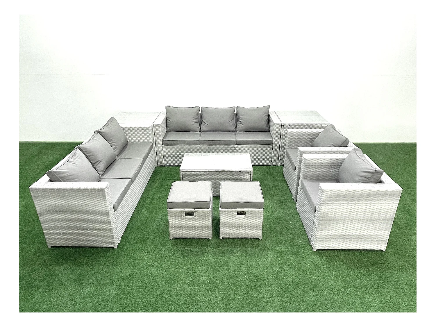 Salon de Jardin en rotin avec 2 Fauteuil Table basse oblongue 2 Petits tabourets 2 Tables d'appoint Gris clair mixte