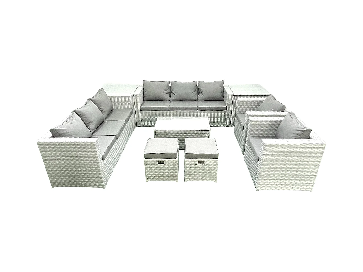 Rattan Sofa Gartenmöbel Set mit 2 Sesseln Rechteckiger Couchtisch 2 kleine Fußhockern 2 Beistelltischen Hellgrau gemischt