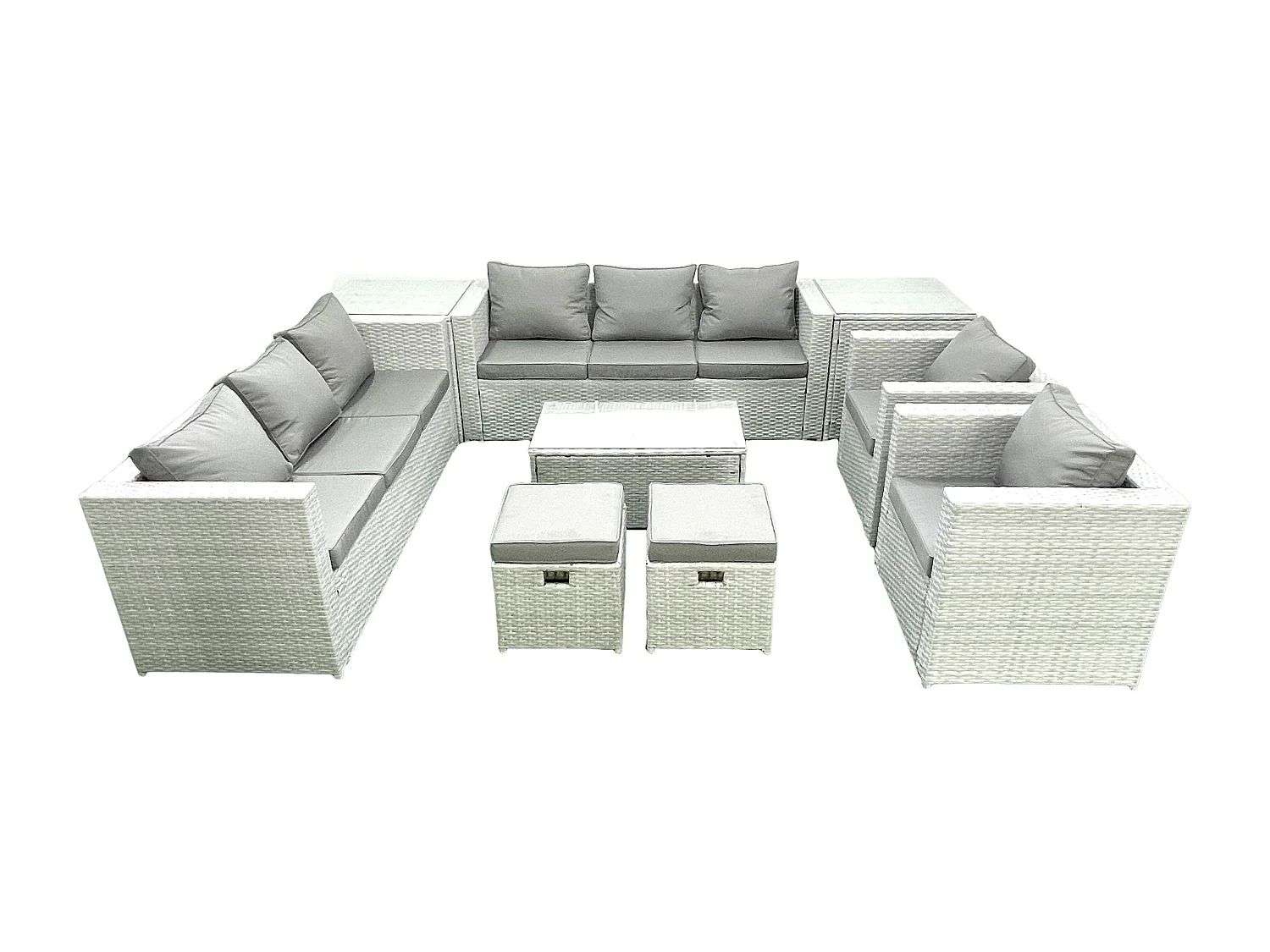 Rattan Sofa Gartenmöbel Set mit 2 Sesseln Rechteckiger Couchtisch 2 kleine Fußhockern 2 Beistelltischen Hellgrau gemischt