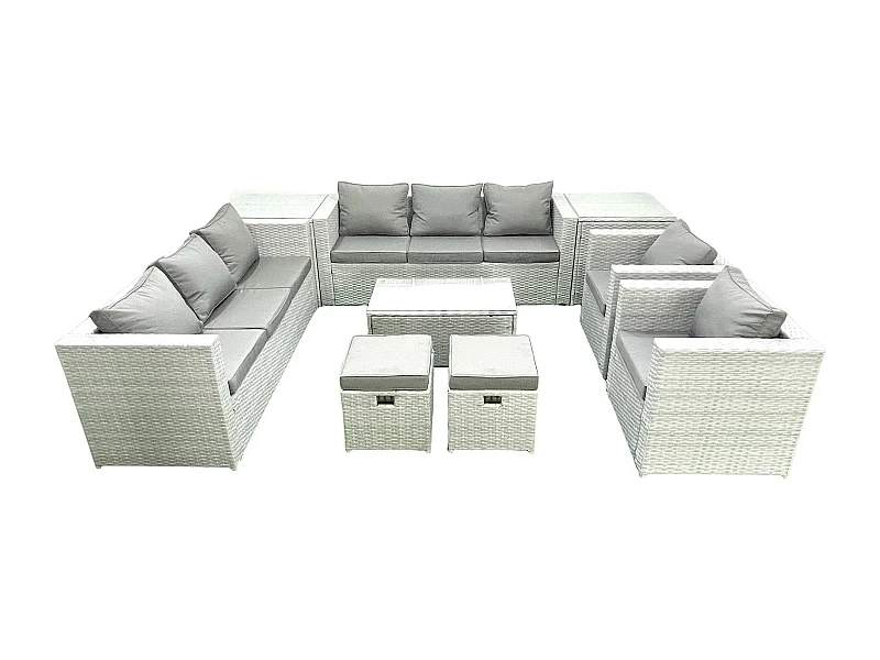 Salon de Jardin en rotin avec 2 Fauteuil Table basse oblongue 2 Petits tabourets 2 Tables d'appoint Gris clair mixte