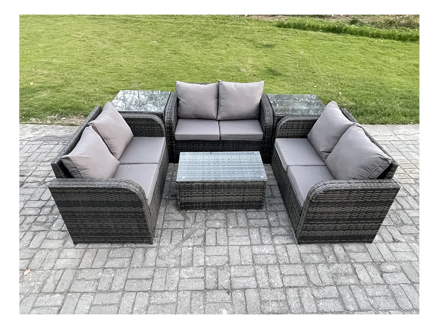 Gartenmöbel-Sets 6-Sitzer Polyrattan Möbel Sofa Sets mit Rechteckiger Couchtisch Love Sofa 2 Beistelltischen Dunkelgrau Gemischt