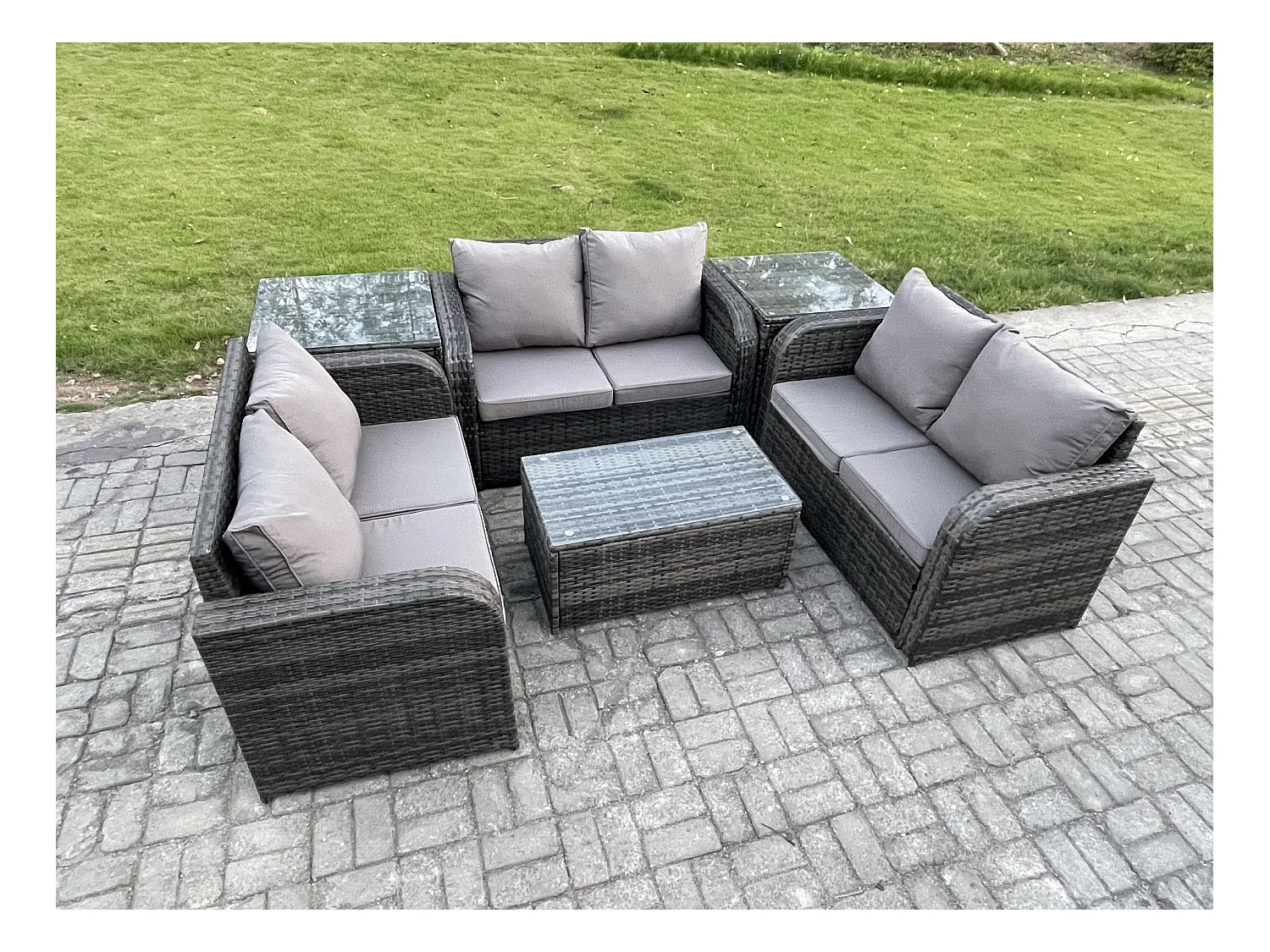 Gartenmöbel-Sets 6-Sitzer Polyrattan Möbel Sofa Sets mit Rechteckiger Couchtisch Love Sofa 2 Beistelltischen Dunkelgrau Gemischt