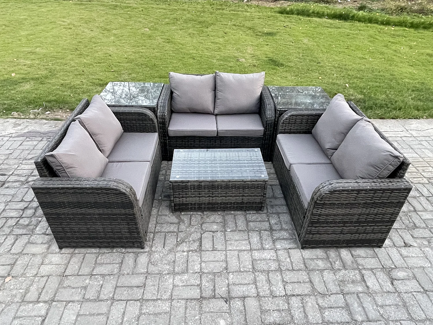 Gartenmöbel-Sets 6-Sitzer Polyrattan Möbel Sofa Sets mit Rechteckiger Couchtisch Love Sofa 2 Beistelltischen Dunkelgrau Gemischt