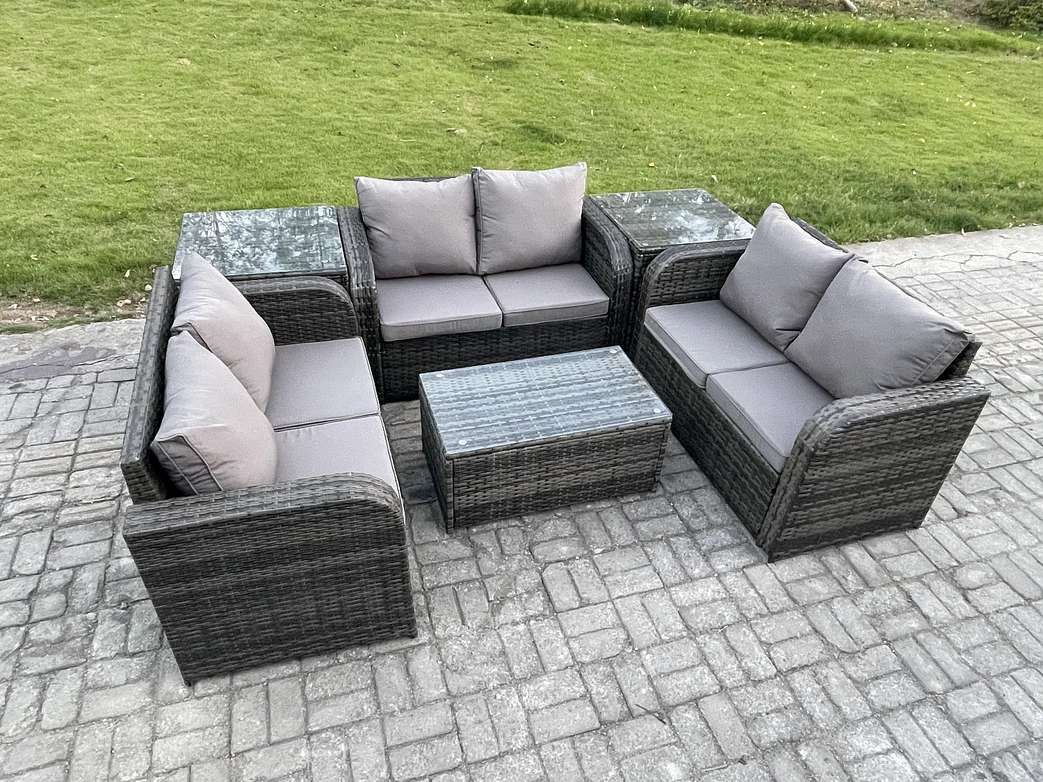 Gartenmöbel-Sets 6-Sitzer Polyrattan Möbel Sofa Sets mit Rechteckiger Couchtisch Love Sofa 2 Beistelltischen Dunkelgrau Gemischt