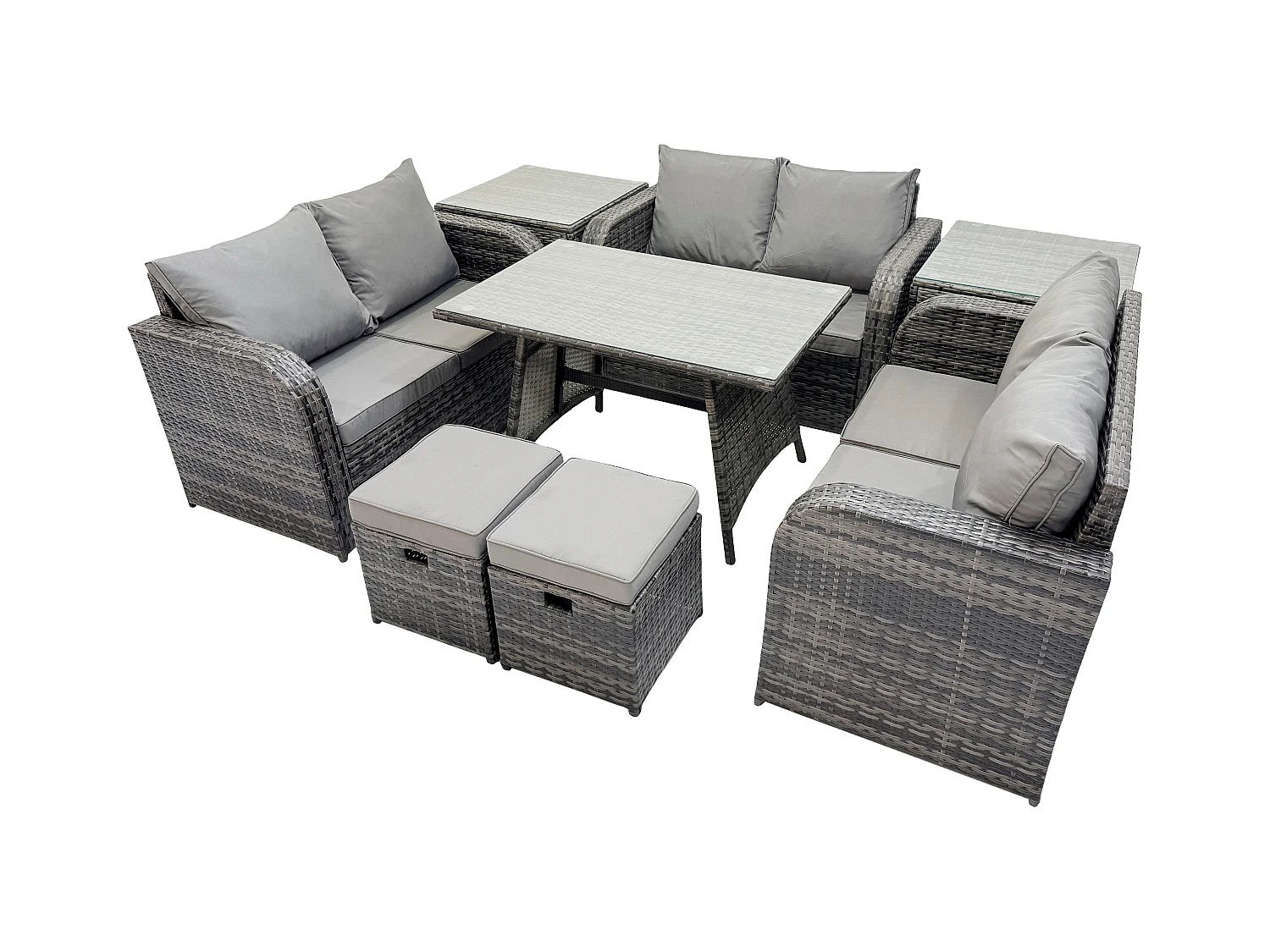 Polyrattan Gartenmöbelset 8-Sitzer Gartensofa Set Set mit Rechteckiger Esstisch 2 kleine Fußhockern 2 Beistelltischen Dunkelgrau Gemischt