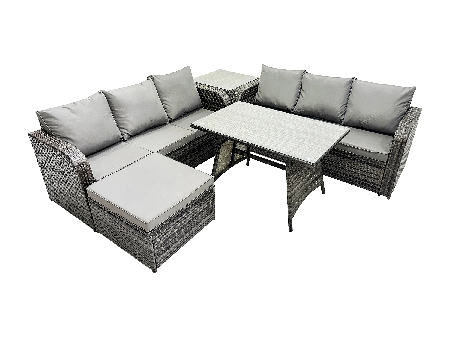 Gartenmöbel Sofa Set Rechteckiger Esstisch 2 Großer Hockern Beistelltisch 7-Sitzer Rattansofa-Set Dunkelgrau Gemischt