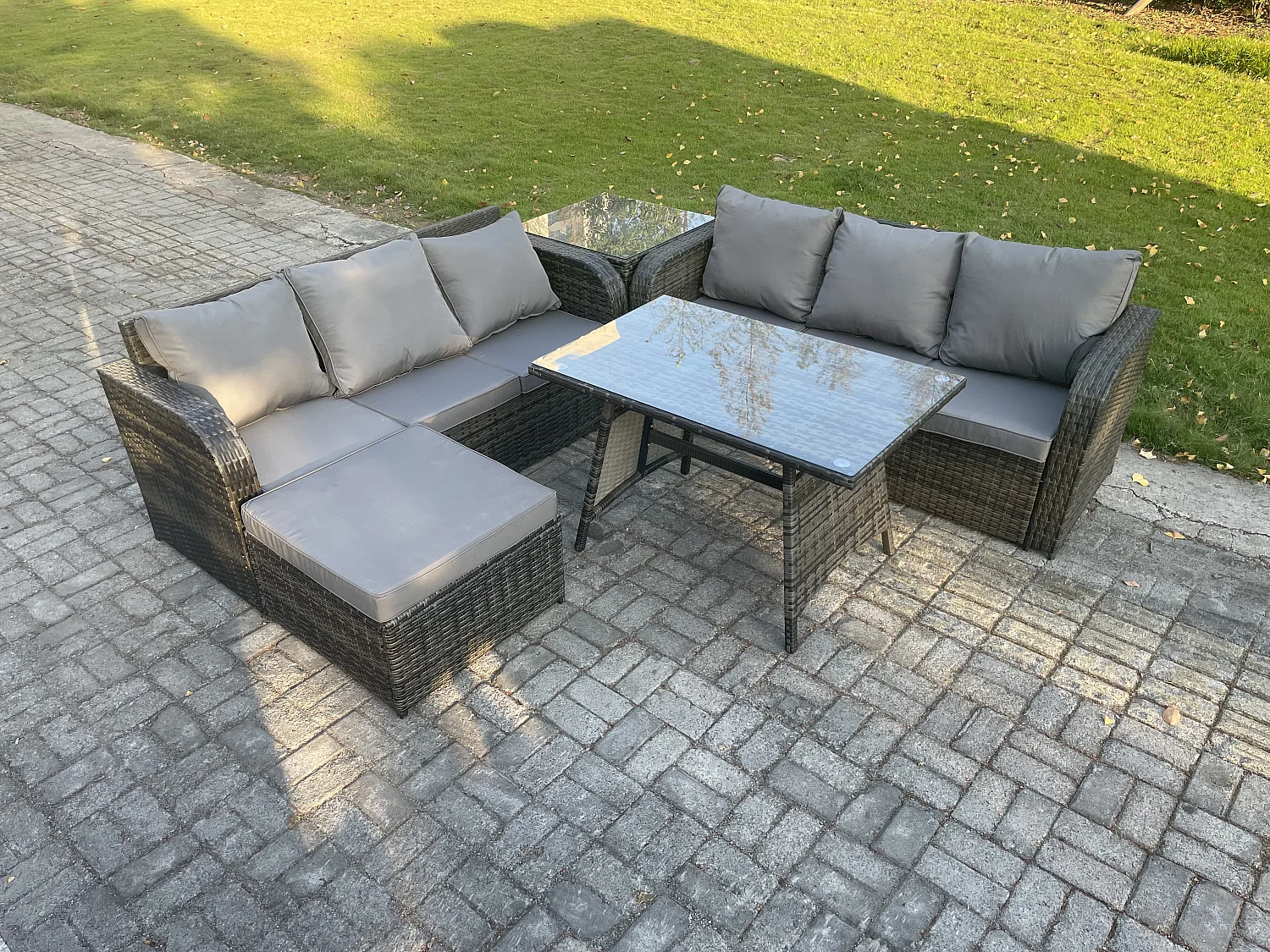 Gartenmöbel Sofa Set Rechteckiger Esstisch 2 Großer Hockern Beistelltisch 7-Sitzer Rattansofa-Set Dunkelgrau Gemischt