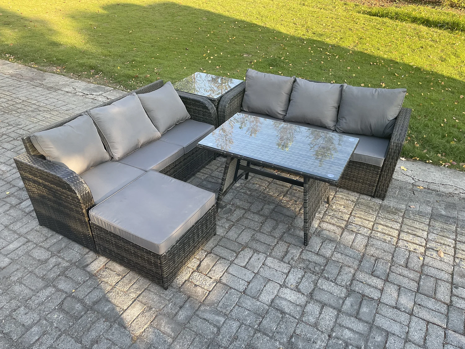 Gartenmöbel Sofa Set Rechteckiger Esstisch 2 Großer Hockern Beistelltisch 7-Sitzer Rattansofa-Set Dunkelgrau Gemischt