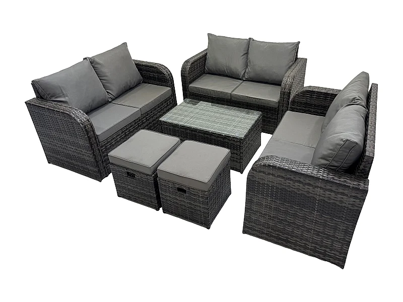 Gartenmöbel-Sets 8-Sitzer Polyrattan Möbel Sofa Sets mit Rechteckiger Couchtisch Love Sofa 2 kleine Fußhockern Dunkelgrau Gemischt