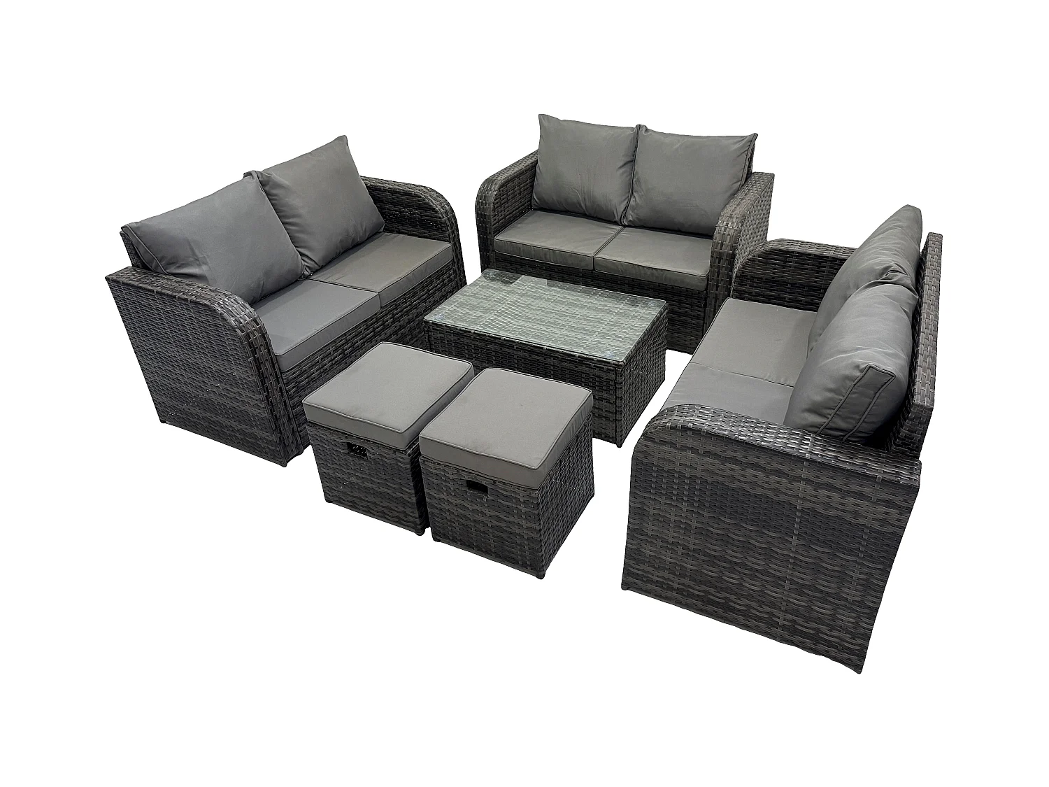 Gartenmöbel-Sets 8-Sitzer Polyrattan Möbel Sofa Sets mit Rechteckiger Couchtisch Love Sofa 2 kleine Fußhockern Dunkelgrau Gemischt
