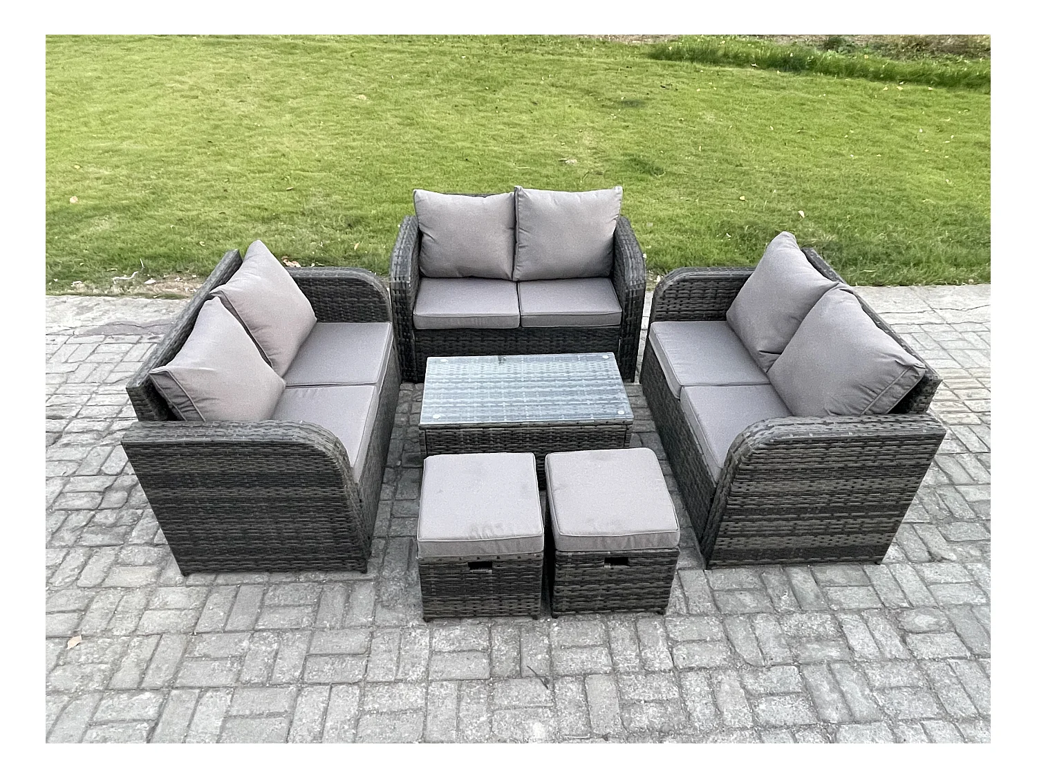 Gartenmöbel-Sets 8-Sitzer Polyrattan Möbel Sofa Sets mit Rechteckiger Couchtisch Love Sofa 2 kleine Fußhockern Dunkelgrau Gemischt