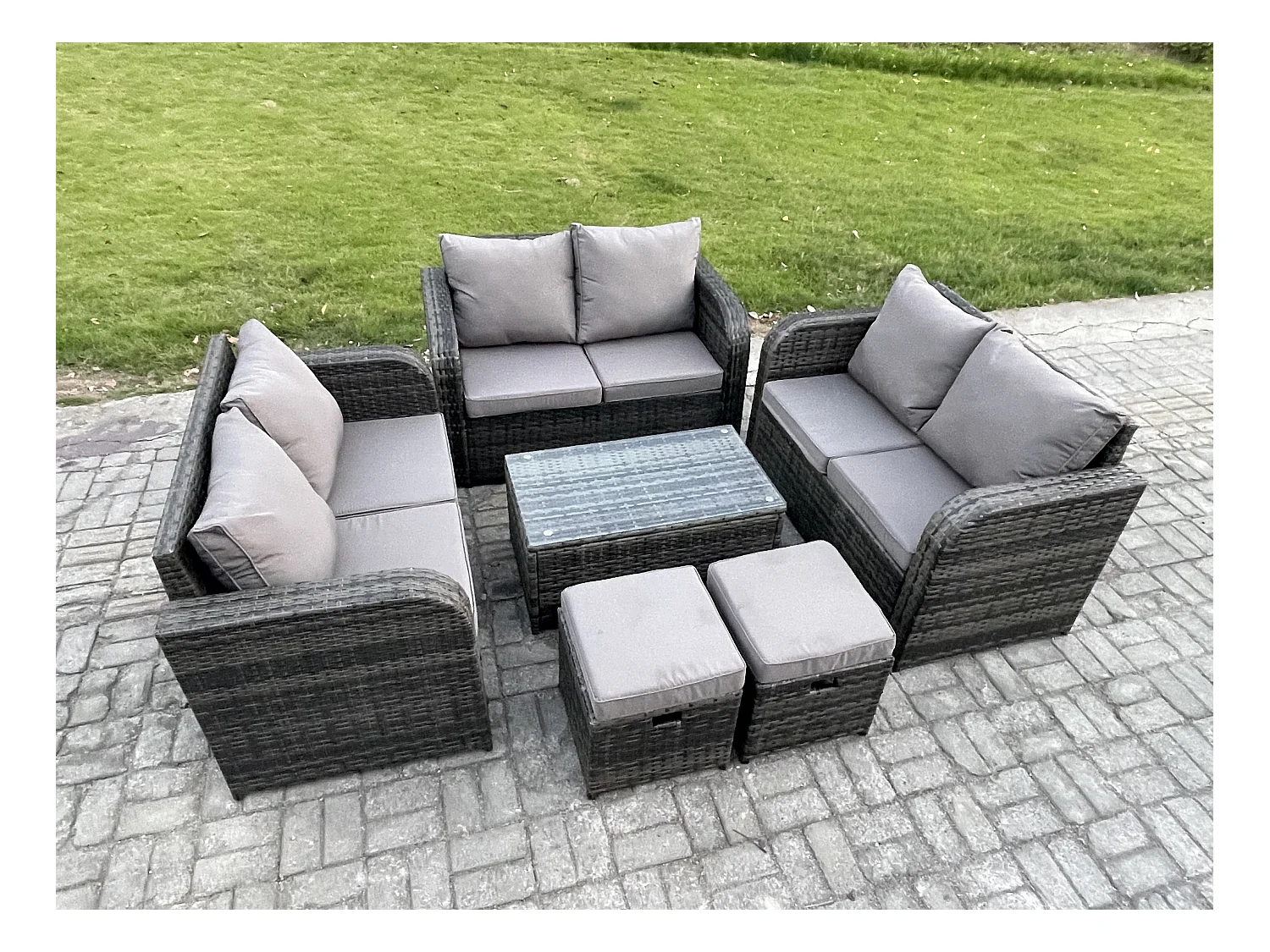 Gartenmöbel-Sets 8-Sitzer Polyrattan Möbel Sofa Sets mit Rechteckiger Couchtisch Love Sofa 2 kleine Fußhockern Dunkelgrau Gemischt
