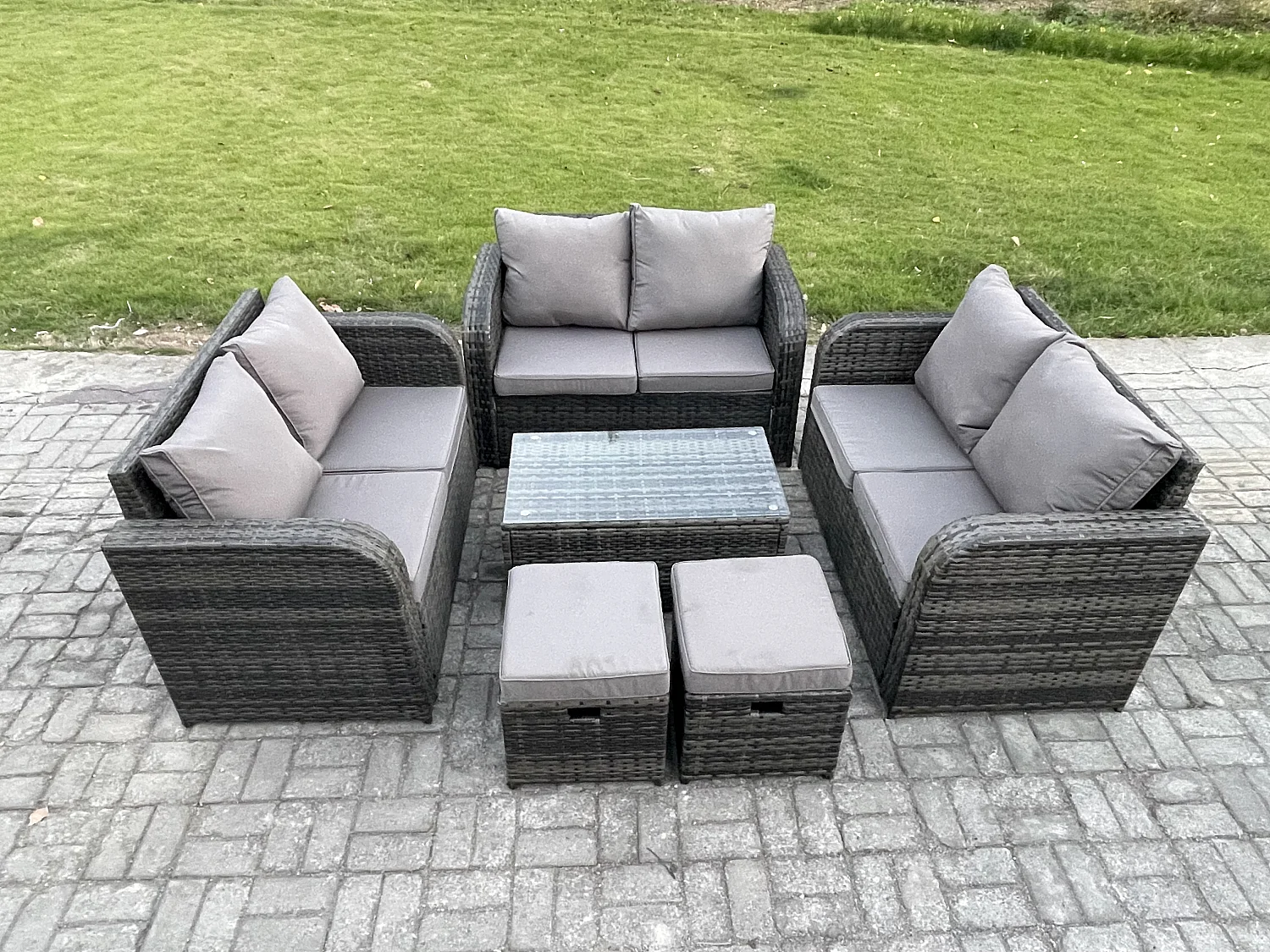 Gartenmöbel-Sets 8-Sitzer Polyrattan Möbel Sofa Sets mit Rechteckiger Couchtisch Love Sofa 2 kleine Fußhockern Dunkelgrau Gemischt